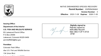 Native Endangered Species Recovery Permit Number ESPER4054943