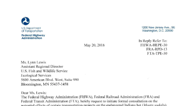 Request for Formal Consultation for Transportation Projects in the Range of the Indiana Bat and Northern Long-Eared Bat