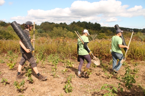 Volunteers at National Public Lands Day carrying supplies to planting area