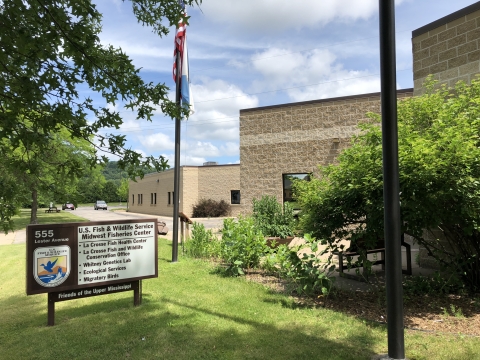 A brick building (Midwest Fisheries Center) with a sign that reads, "U.S. Fish and Wildlife Service Midwest Fisheries Center, 555 Lester Avenue, La Crosse Fish Health Center, La Crosse Fish and Wildlife Conservation Office, Whitney Genetics Laboratory, Ecological Services, Migratory Birds, Friends of the Upper Mississippi" and the U.S. Fish and Wildlife Service logo