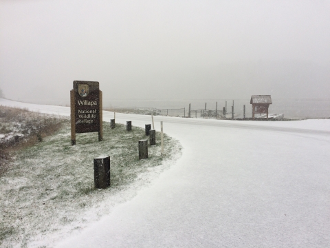 A snow-covered road next to a large brown sign reading "Willapa National Wildlife Refuge" with a river in the background