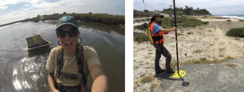 Left photos shows Colleen Grant with the USFWS Coastal Program smiling in waders. The right photo is Carolyn Lieberman working on a sunny day on a sandy beach.