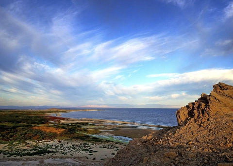 a view of the ocean and beach from a tall hill