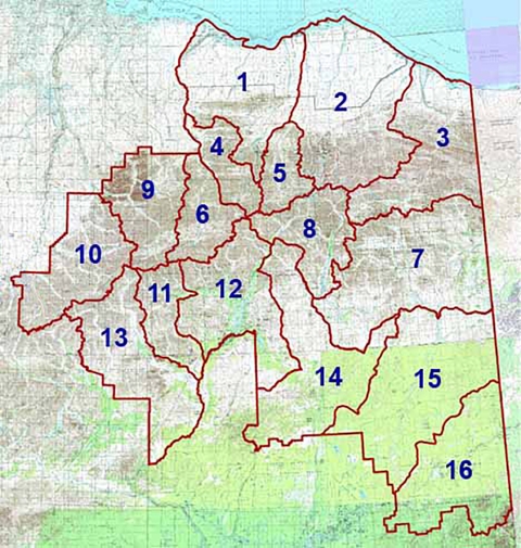 Map showing the locations of the 16 hunting guide areas within Arctic Refuge. For detailed assistance, call 907-456-0250.