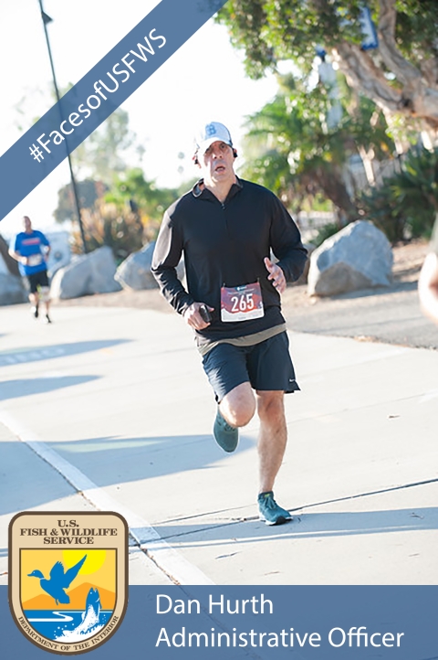 A man is running on a sidewalk. A banner reads "#FacesofUSFWS." Another banner reads "Dan Hurth, Administrative Officer"