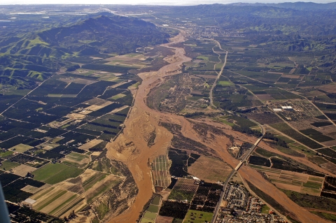 An aerial view of the Santa Clara River during a flood in 2005