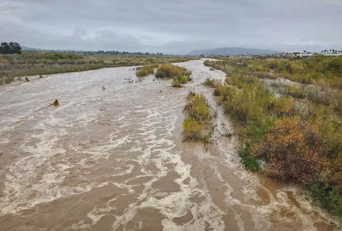 A river flooding with water