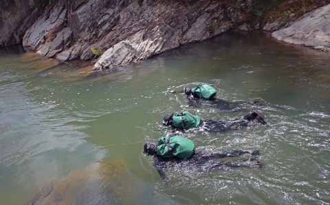 three people snorkeling in a river