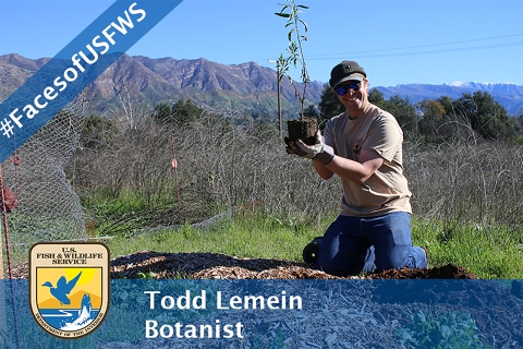 A man holding a plant above a hole. A banner reads "#FacesofUSFWS". Another banner reads "Todd Lemein, Botanist"