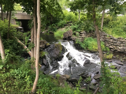 A river flows over rocks. A bridge is in the background and a rock wall runs along the river. 