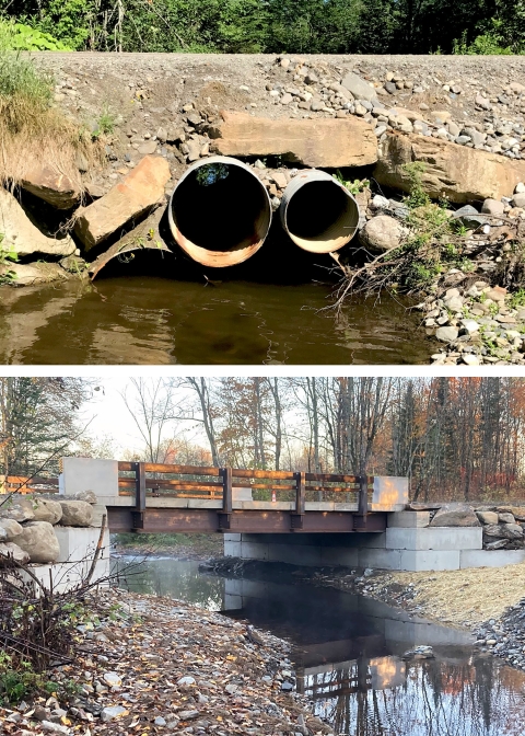 Two Images. Top: Perched culvert with a road passing over. Bottom: Newly constructed bridge in a wooded area.