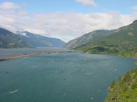 fishermen on Drano Lake, Columbia River in background