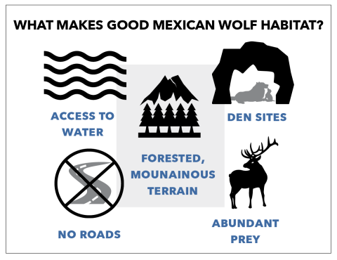 A graphic showing the key components of good habitat for Mexican wolves: forested, mountainous terrain, access to water, den sites, abundant prey, and no roads. 