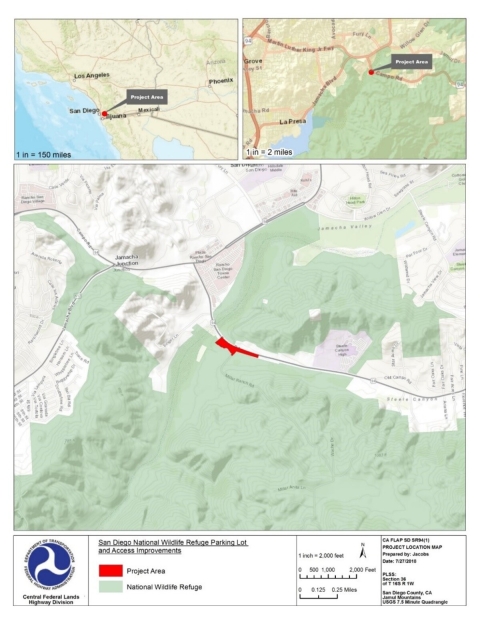 Map created by the Central Federal Lands Highway Division showing San Diego National Wildlife Refuge parking lot and access improvements. Project area is marked in red and refuge land is shaded in green. The top left map is scaled 1-inch equals 150 miles. Next image on the top right, map is scaled 1-inch equals 2 miles. A larger map below is scaled 1-inch equals 2,000 feet. New parking lot on State Route 94 and Millar Ranch Road is shaded in red.