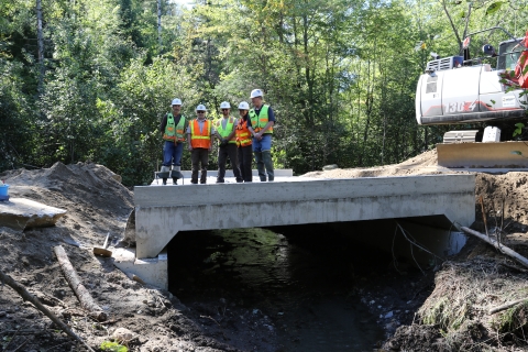 people standing on partially constructed bridge over stream