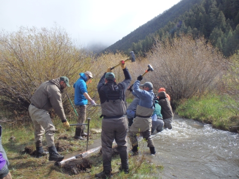 8 people are working in a creek lifting sledge hammers above their heads