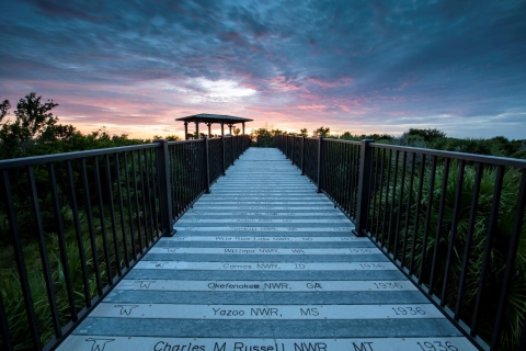 A boardwalk on Centennial Trail at sunset. 