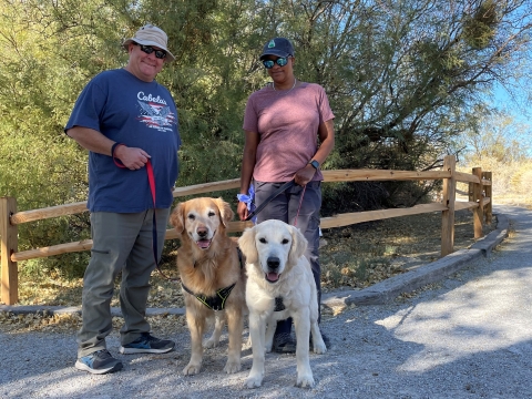 Two people, a man and woman, standing next to two dogs on leashes