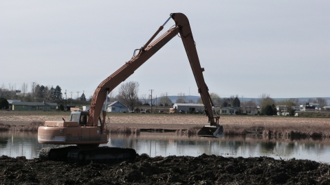 long reach excavator working on the edge of a wetland