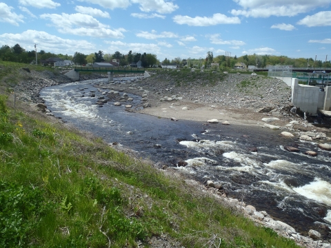 river with white water and grassy slope