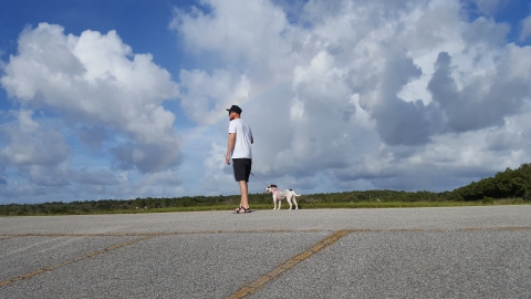 A man walking a dog on a levee with blue skies, white puffy clouds, and a rainbow.