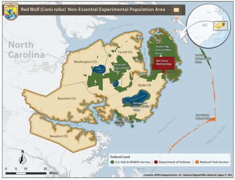 Map showing the boundaries of the red wolf non-essential experimental population area, which includes all or part of Dare, Hyde, Tyrrell, Washington, and Beaufort counties, North Carolina