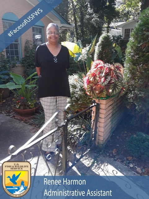 A woman standing in a garden. A banner reads "#FacesofUSFWS". Another banner reads "Renee Harmon, Administrative Assistant".