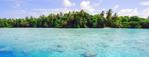 An offshore view of coral waters and in the distance a lush, green, tropical island