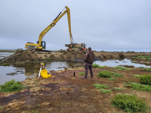 Bulldozers move dirt on coast as man looks on