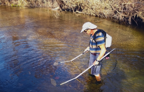 Man with hat and striped shirt with two poles in rippled water