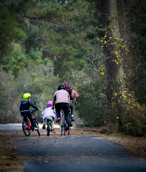 A family bikes along a wooded trail