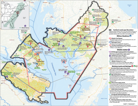 A colorful map--dominated by hues of green, beige and blue--depicts the Middle Chesapeake Sentinel Landscape. It depicts such things as national wildlife refuges and prime agricultural lands.