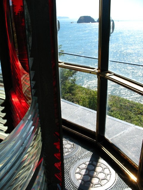 A view of Three Arch Rocks National Wildlife Refuge from the inside of the cape meares lighthouse