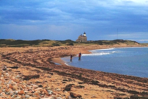 A cove with two anglers standing ankle-deep in the water and a lighthouse in the distance