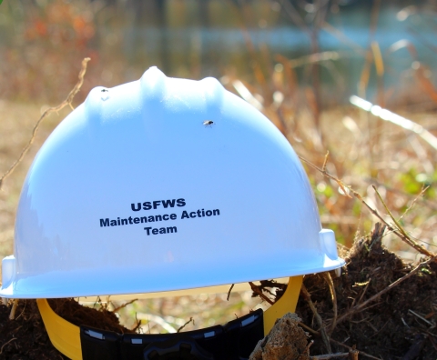 A hard hat worn by a USFWS Maintenance Action Team member during a construction project at Occoquan National Wildlife Refuge.