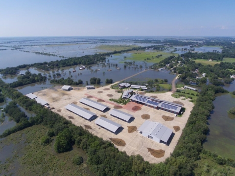 An aerial photo shows a building complex high and dry after Hurricane Harvey.