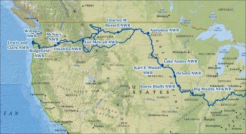 A map showing national wildlife refuges along the Lewis and Clark trail from Missouri to the mouth of the Columbia River at the Pacific Ocean