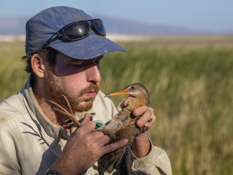 a man blowing on a birds stomach