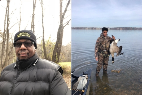  2 photos. Left: man in black coat, knit cap that says Maryland Hunter Education Instructor. Right: Young Man stands in water holding harvested goose