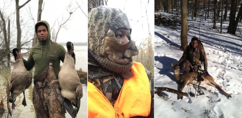 3 photos: Left: Young Man stands in water holding harvested geese. Center: man in orange hunter safety best, camo balaclava. Right: Young Man kneels with harvested deer, bow in front of deer