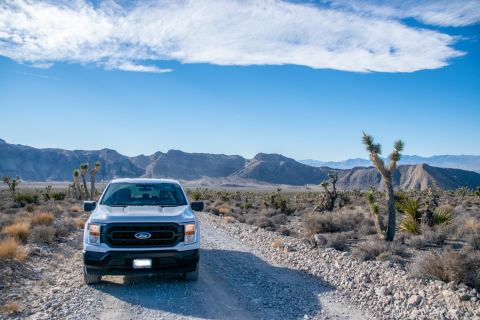 White truck in the middle of a dirt road in the desert