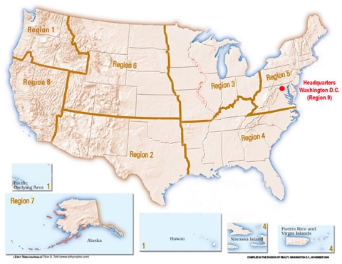 Map of FWS regions hyperlinked to contact info below.