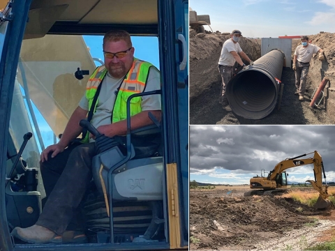 3 photos: Man in heavy equipment, 2 people around pipe,heavy equipment