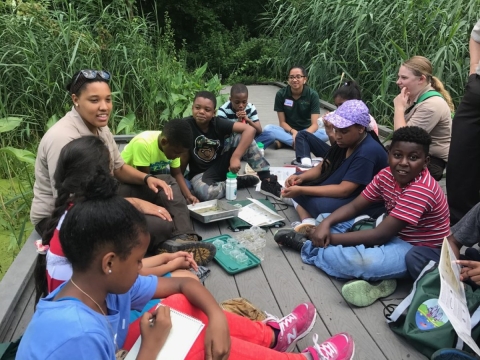 A group of adult and children sit closely together on a boardwalk amidst dense vegetation