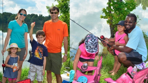 Families fishing with children in a pond