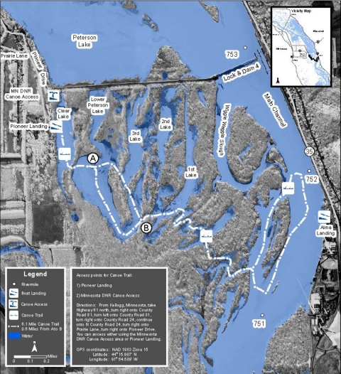 Map of Finger Lakes Canoe Trail on Upper Miss River