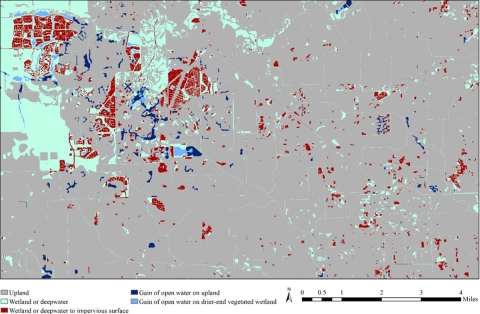 Example of raster difference product highlighting areas of wetland.