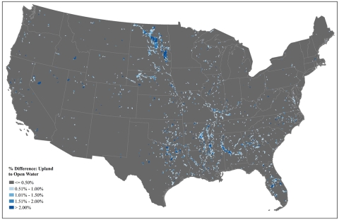 Map of United States outlining upland to open water difference.