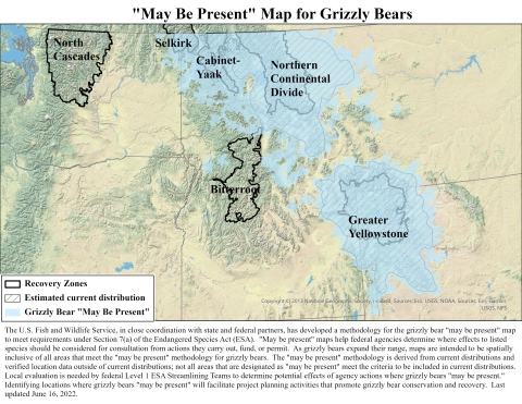 Map of several western states showing areas in which grizzly bears may be present