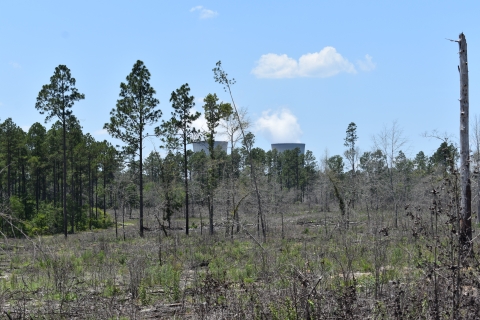 cooling tower structures adjacent to cleared field